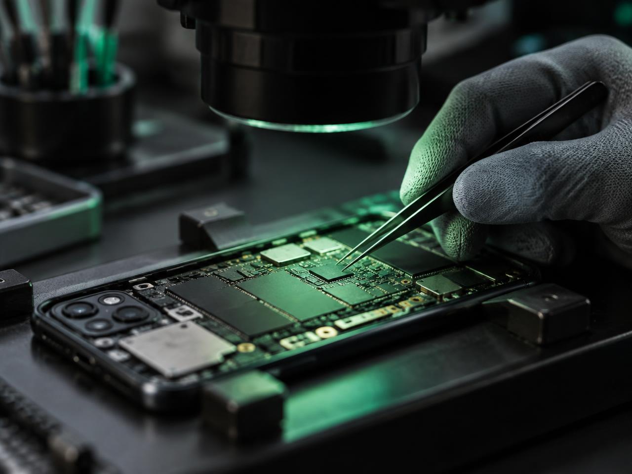 Bancada de eletrônica com placa de celular sob microscópio