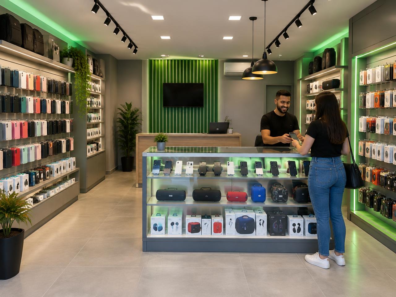Interior da loja i9 Tecnologia com balcão de aparelhos e acessórios